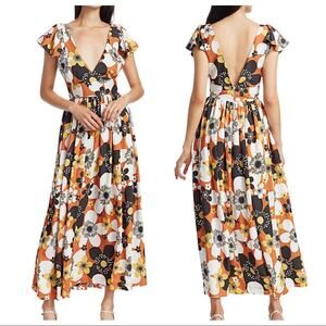 NWT Dodo Bar Or Jenny Long Dress Vintage Look Brown Flower Midi Plunge Neck M